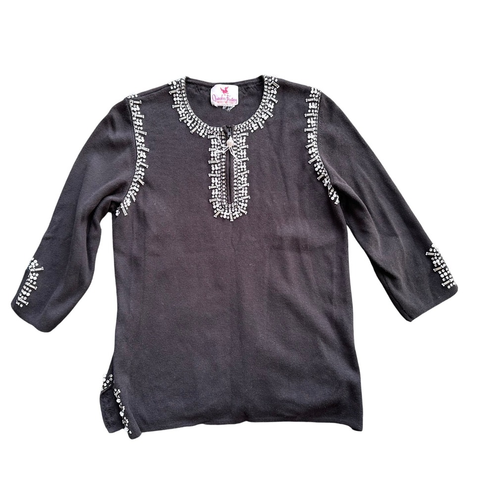 Quacker Factory Black Knit Top Beaded Pearl Spider Zip 3/4 Sleeve Side Slits‎